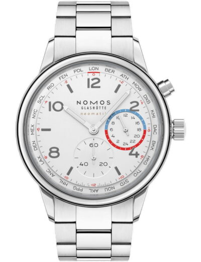 Nomos Club Sport neomatik Worldtimer wristwatch with stainless steel case and bracelet, and white dial. | Feldmar Watch Co. Nomos Club Sport neomatik Worldtimer wristwatch with stainless steel case and bracelet, and white dial.