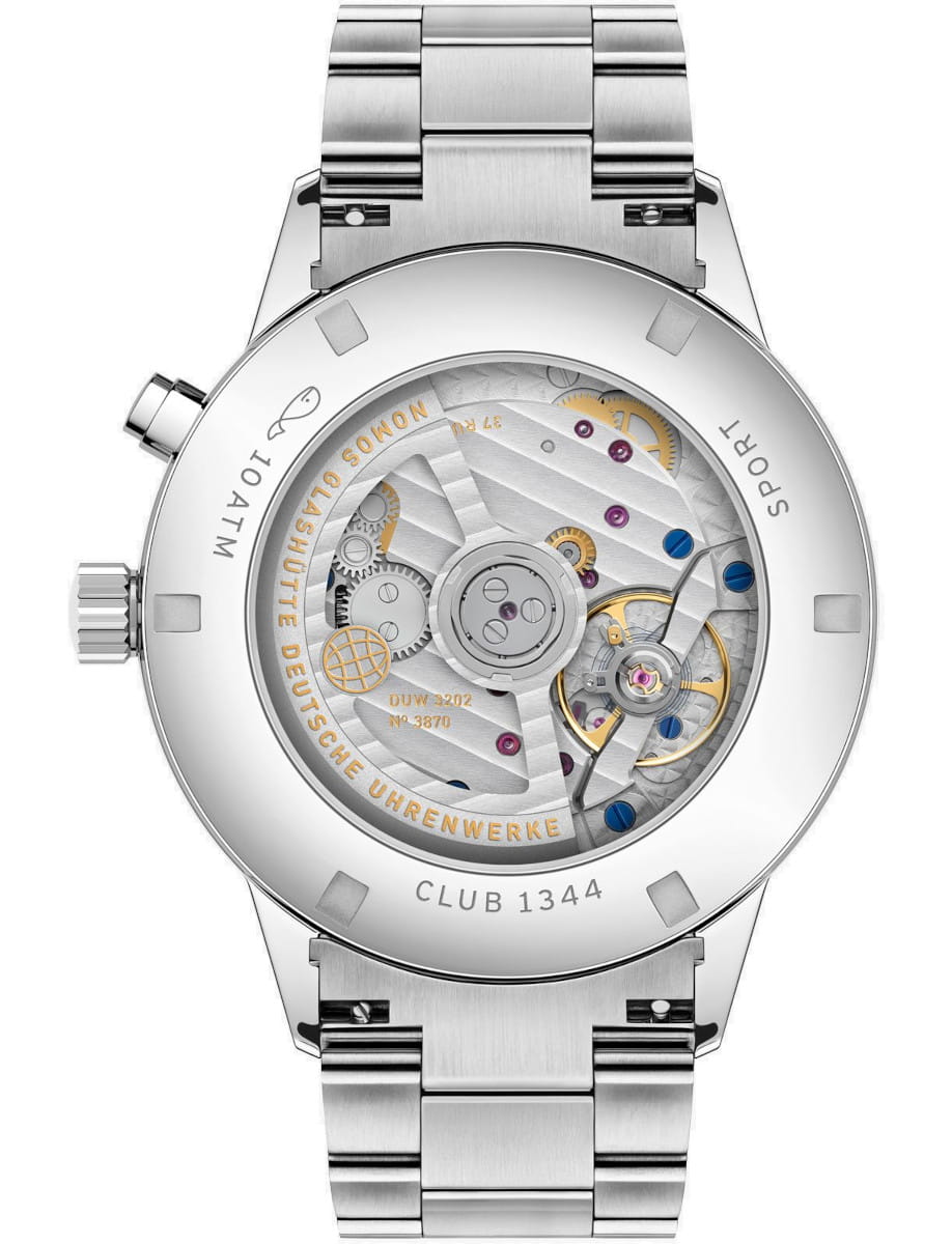 Back view of Nomos Club Sport neomatik Worldtimer wristwatch with stainless steel case and bracelet, and sapphire crystal case back.