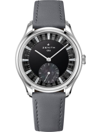 Zenith G.F.J Tantalum wristwatch with tantalum case, black onyx dial, and grey calfskin leather strap.