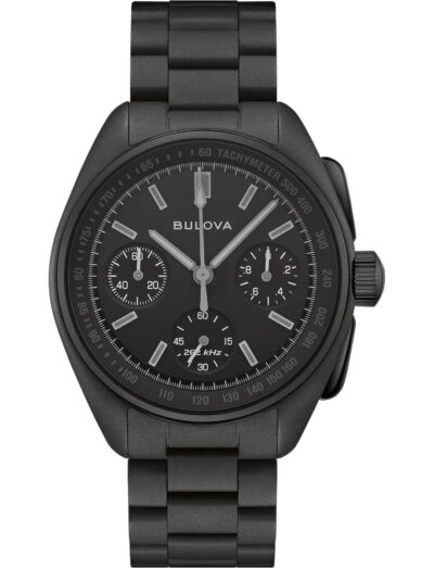 Bulova Lunar Pilot Black Hole wristwatch with stainless steel case and bracelet, and black dial.