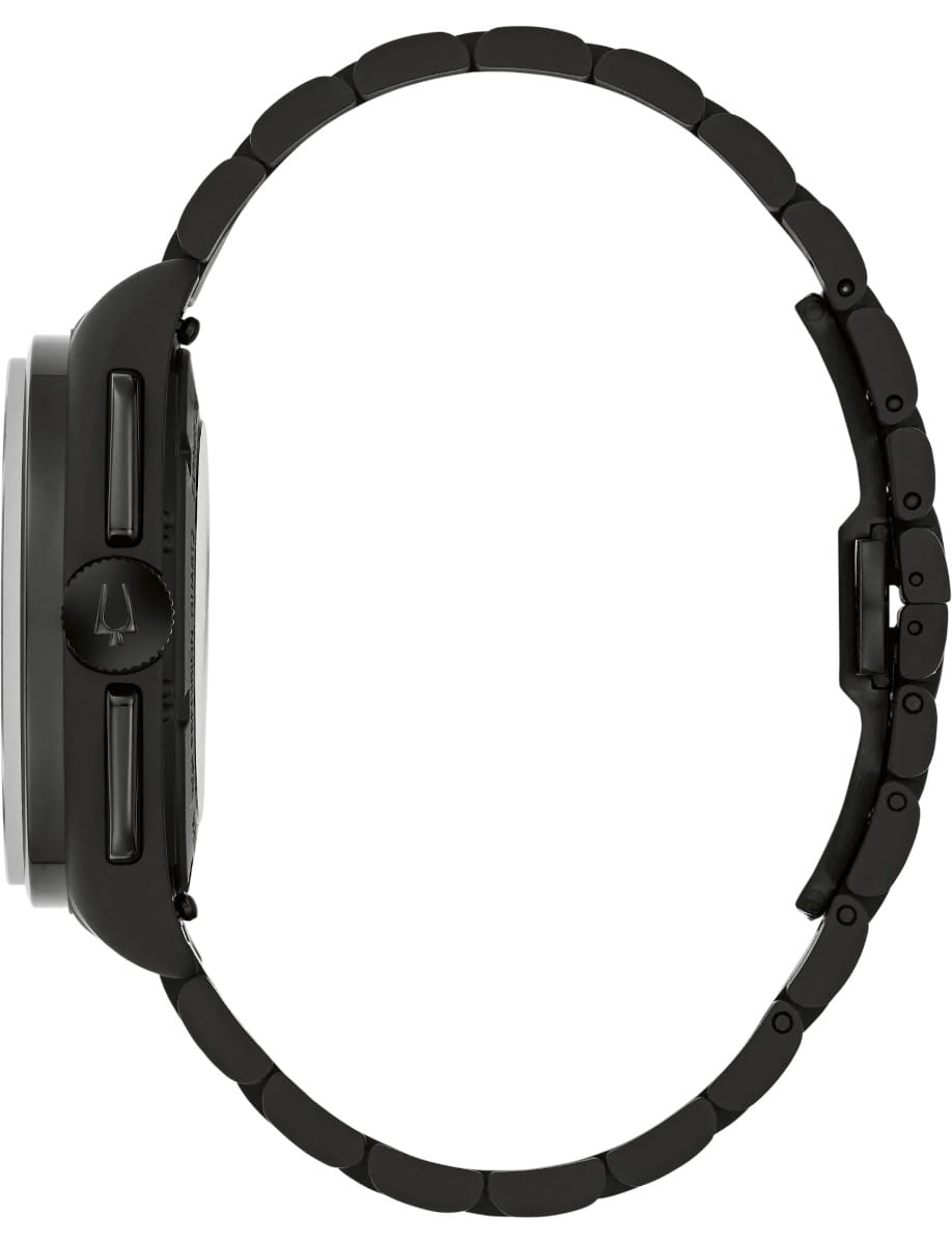 Side view of Bulova Lunar Pilot Black Hole wristwatch with stainless steel case and bracelet, and black dial.