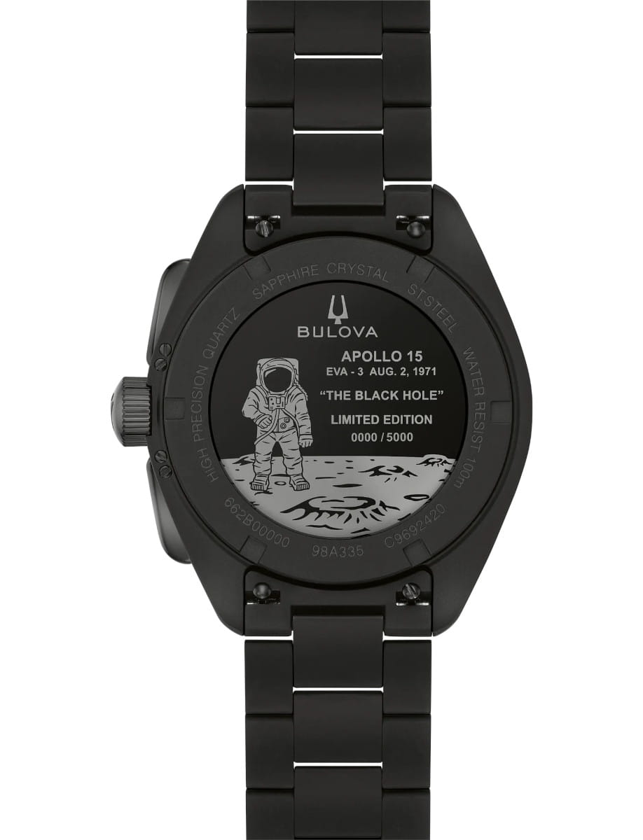 Side view of Bulova Lunar Pilot Black Hole wristwatch with stainless steel case and bracelet, and black dial.