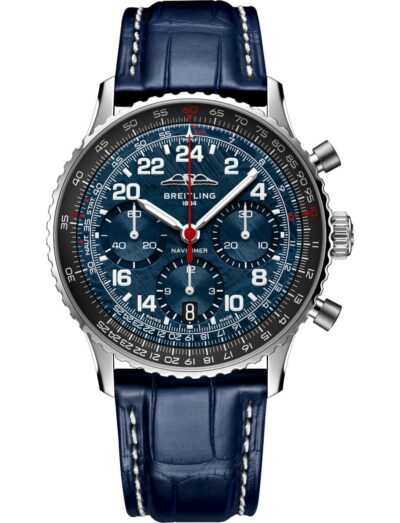 Breitling Navitimer B02 Chronograph 41 wristwatch with stainless steel case, blue meteorite dial, and blue alligator leather strap.