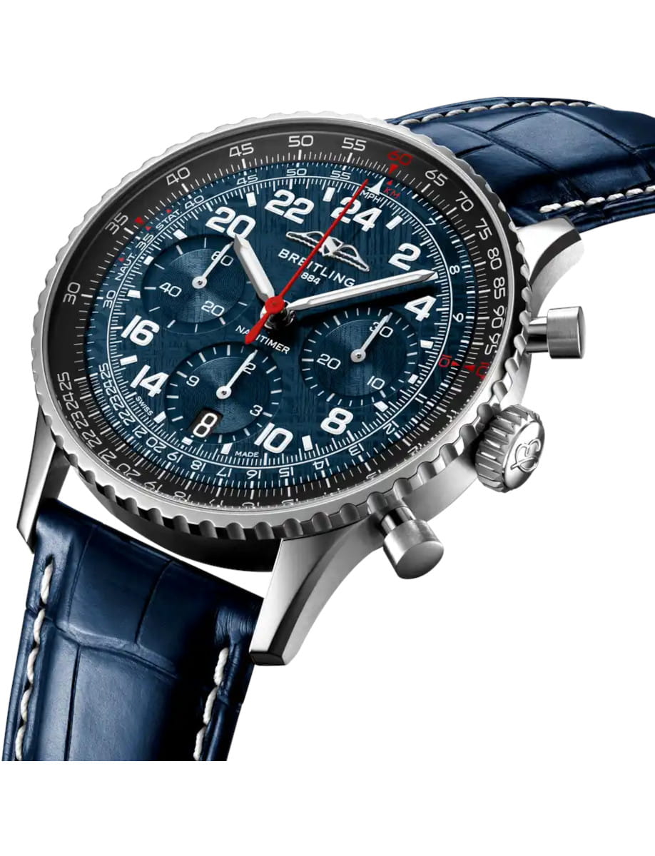 Side view of Breitling Navitimer B02 Chronograph 41 wristwatch with stainless steel case, blue meteorite dial, and blue alligator leather strap.