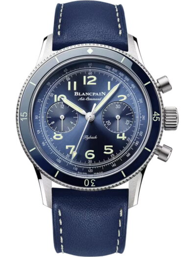 Blancpain Air Command wristwatch with titanium case, sunburst blue dial, and blue calf leather strap.