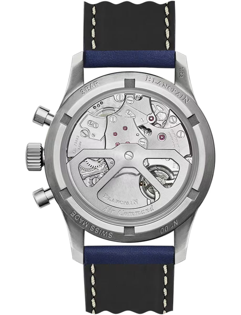 Back view of Blancpain Air Command wristwatch with titanium case, open case back, and blue calf leather strap.