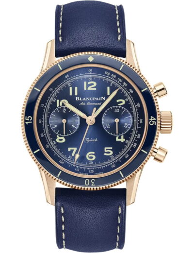 Blancpain Air Command wristwatch with red gold case, blue dial, and blue calf leather strap.