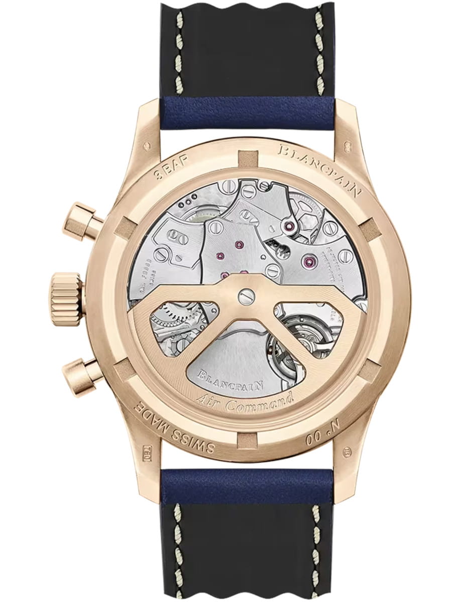 Blancpain Air Command wristwatch with red gold case, open case back, and blue calf leather strap.