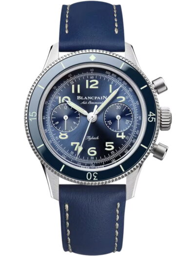 Blancpain Air Command wristwatch with titanium case, blue dial, and blue calf leather strap.