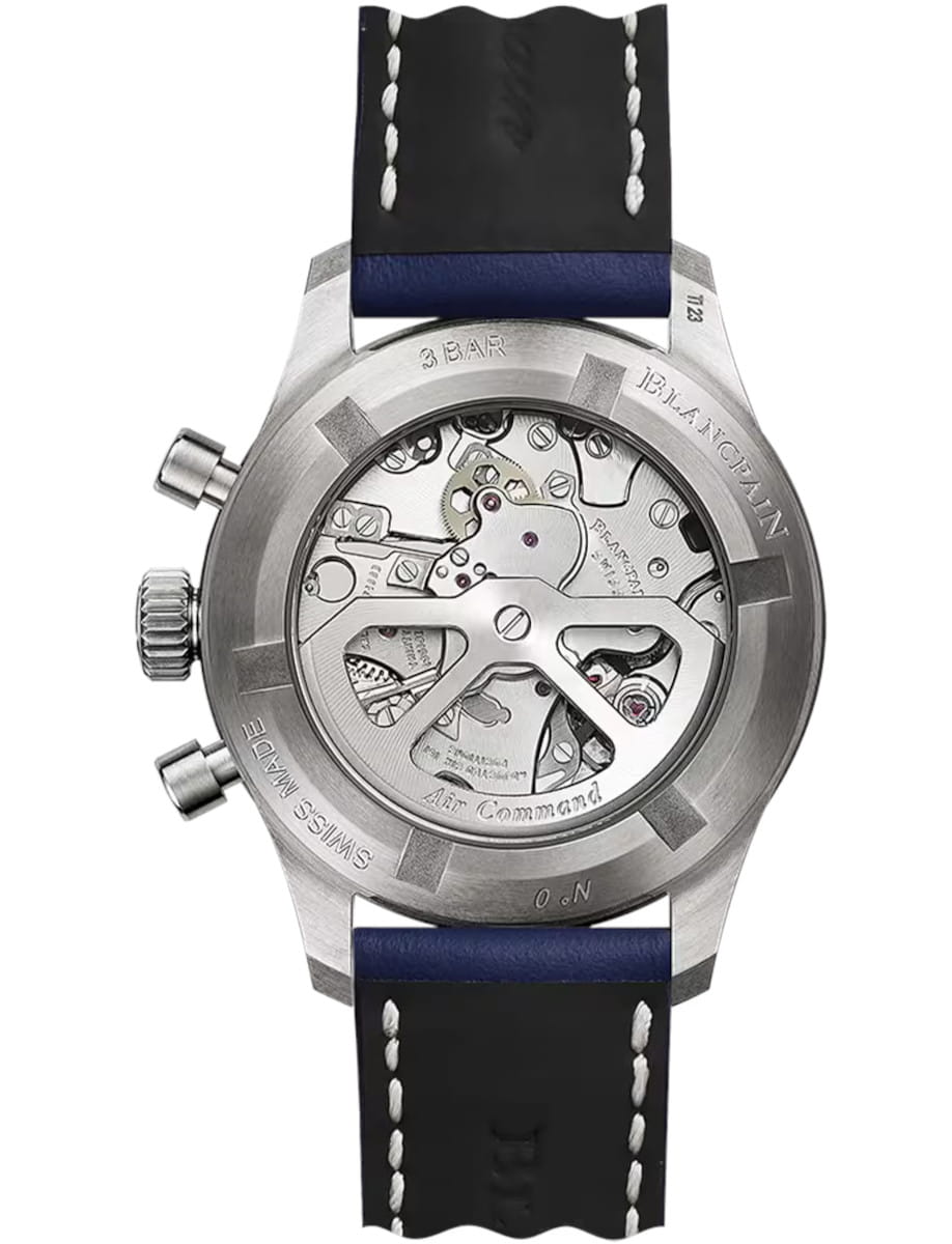 Back view of Blancpain Air Command wristwatch with titanium case, open case back, and blue calf leather strap.
