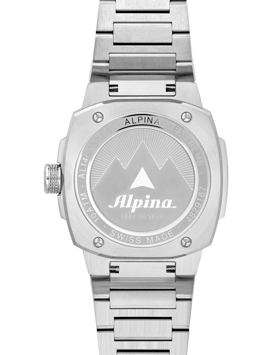 Back view of Alpina wristwatch with stainless steel case and bracelet and burgundy dial