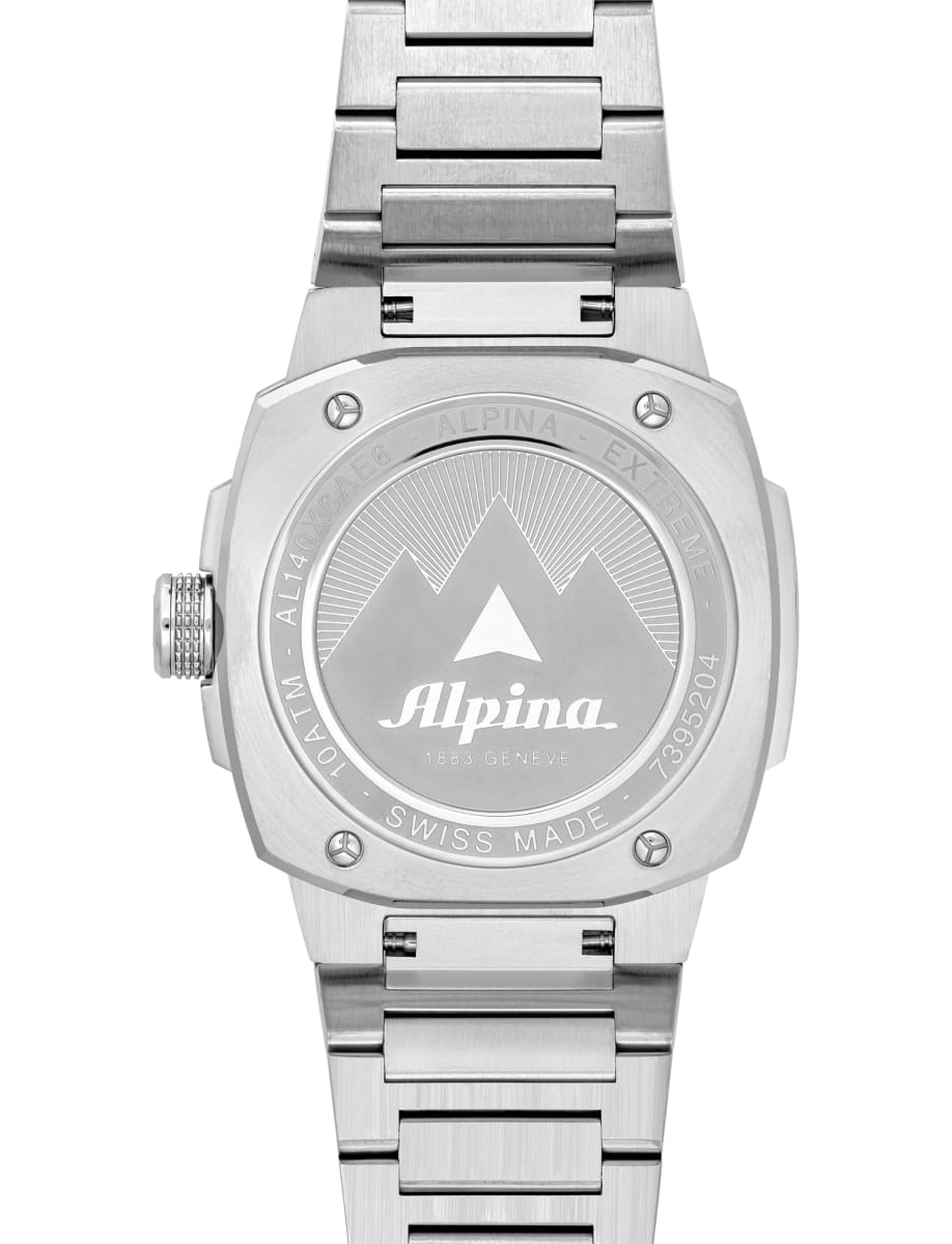 Back view of Alpina wristwatch with stainless steel case and bracelet and light green dial