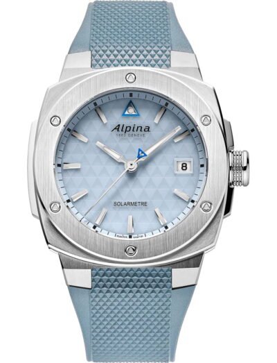 Alpina wristwatch with stainless steel case, light blue dial and light blue rubber strap