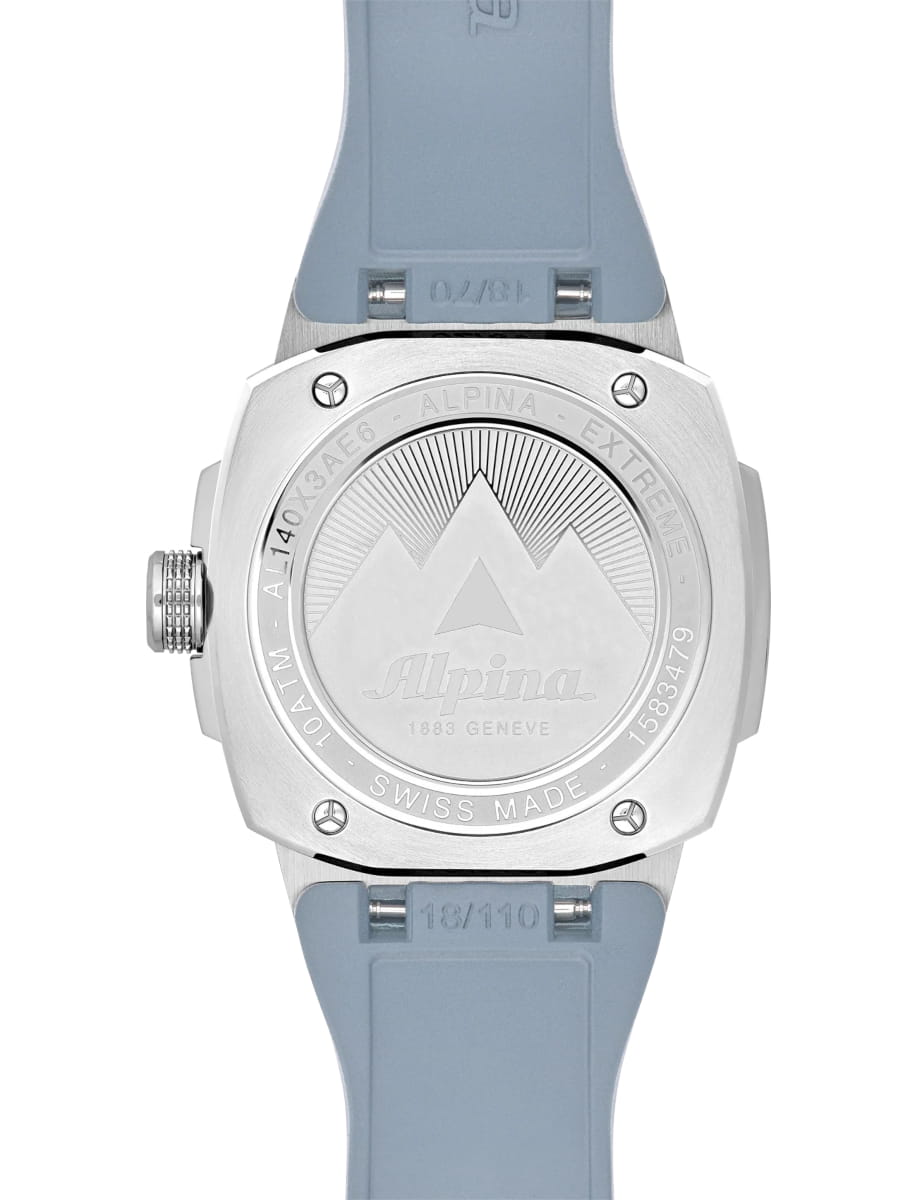 Back view of Alpina wristwatch with stainless steel case, light blue dial and light blue rubber strap