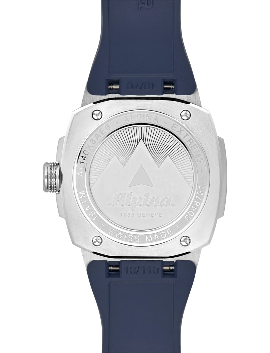 Back view of Alpina wristwatch with stainless steel case, blue dial and blue rubber strap