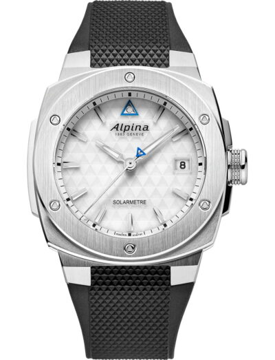 Alpina wristwatch with stainless steel case, white dial and black rubber strap
