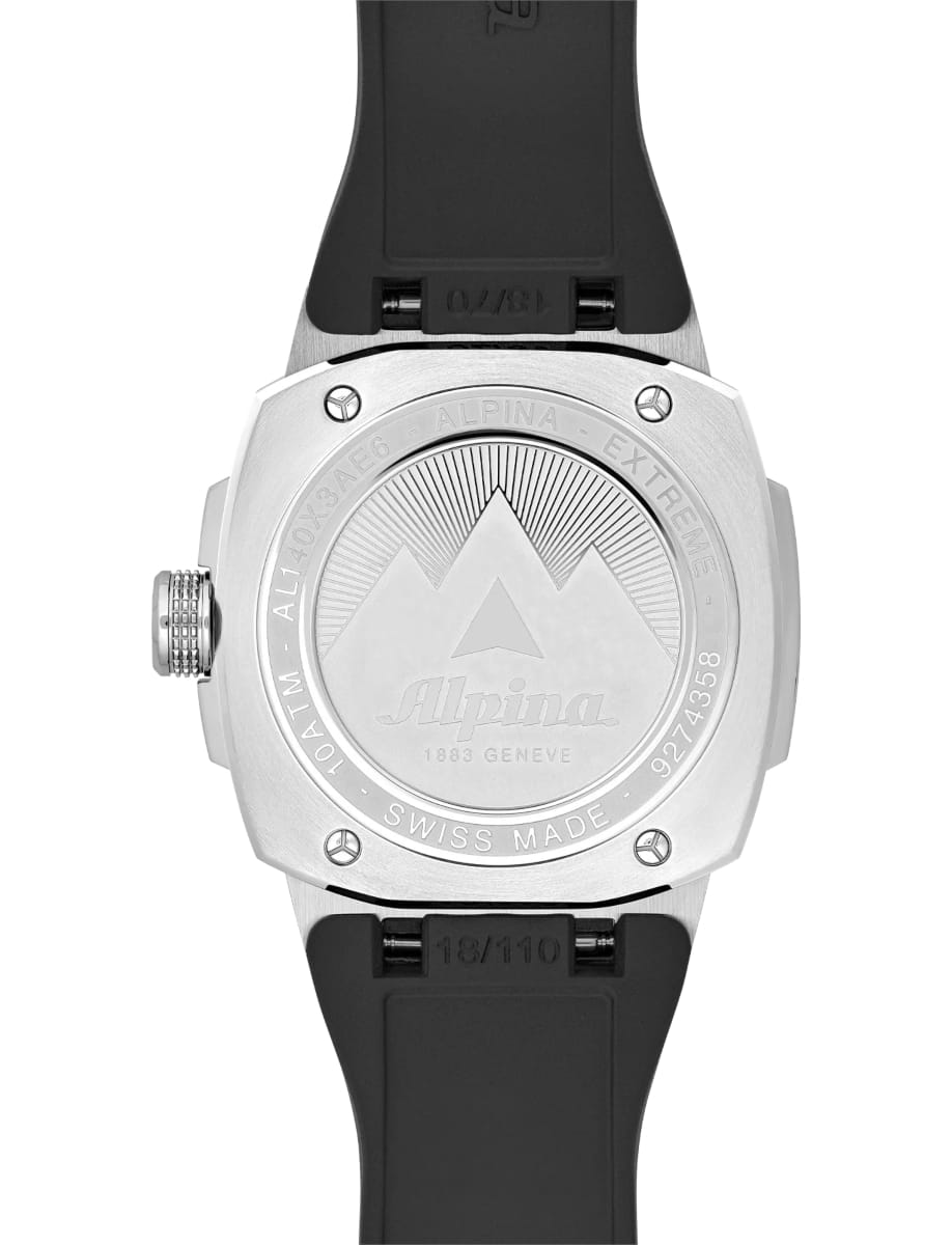 Back view of Alpina wristwatch with stainless steel case, white dial and black rubber strap
