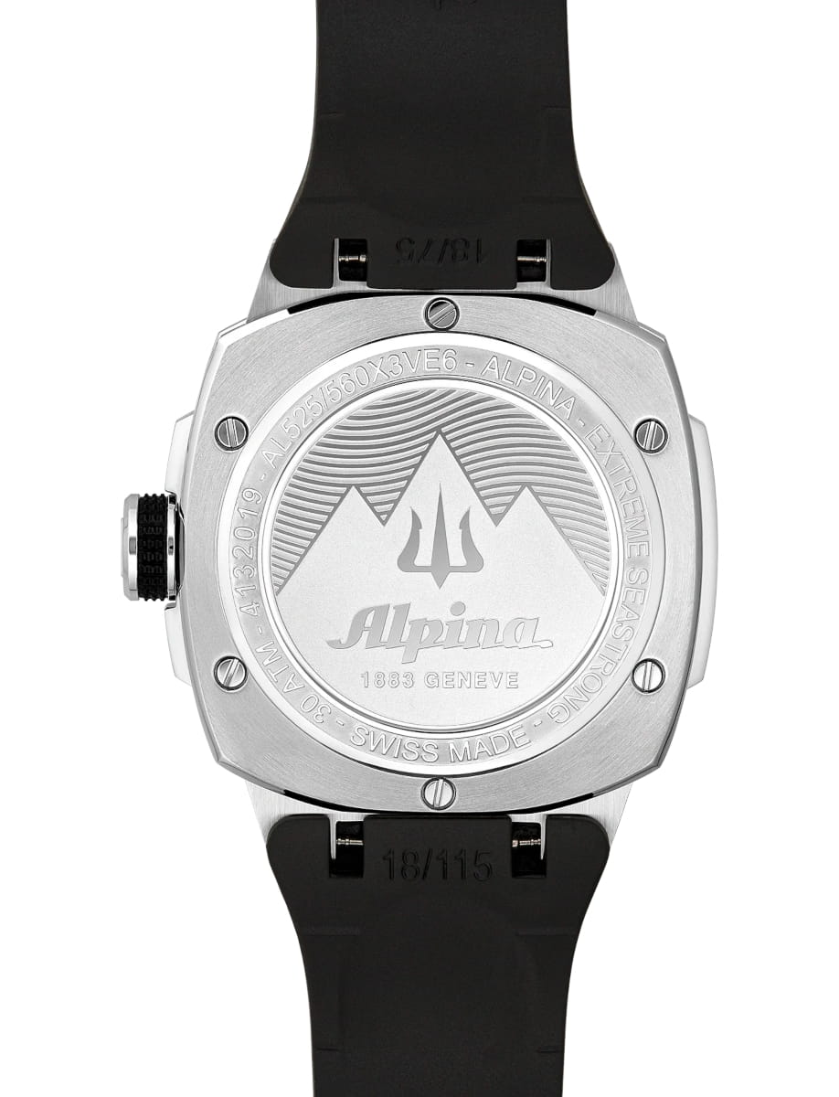 Back view of Alpina wristwatch with stainless steel case, grey dial and black rubber strap