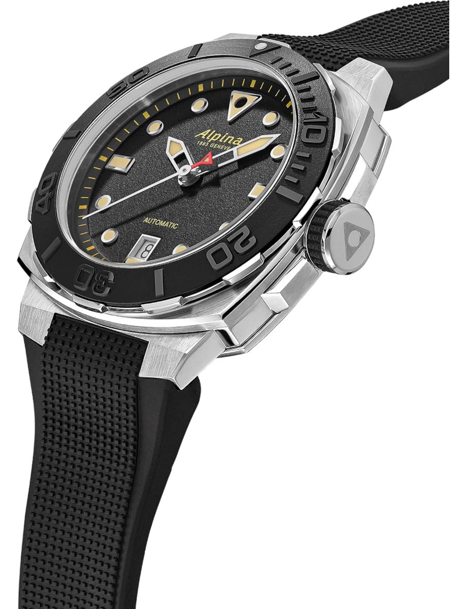 Side view of Alpina Diver Extreme Automatic wristwatch with stainless steel case, black dial, and black rubber strap.