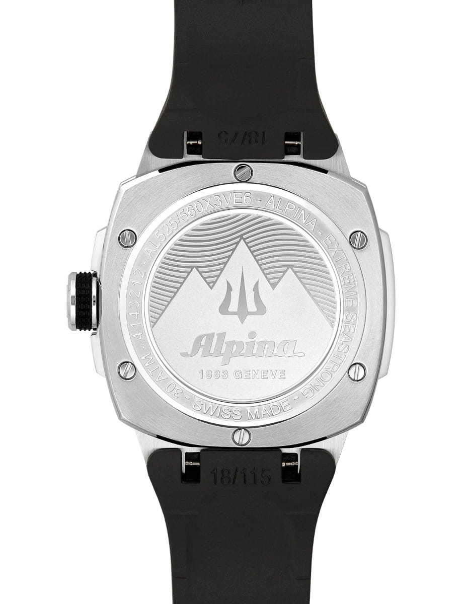 Back view of Alpina Diver Extreme Automatic wristwatch with stainless steel case, black dial, and black rubber strap.