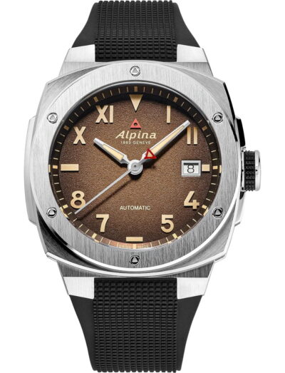 Alpina wristwatch with stainless steel case, brown dial and black rubber strap