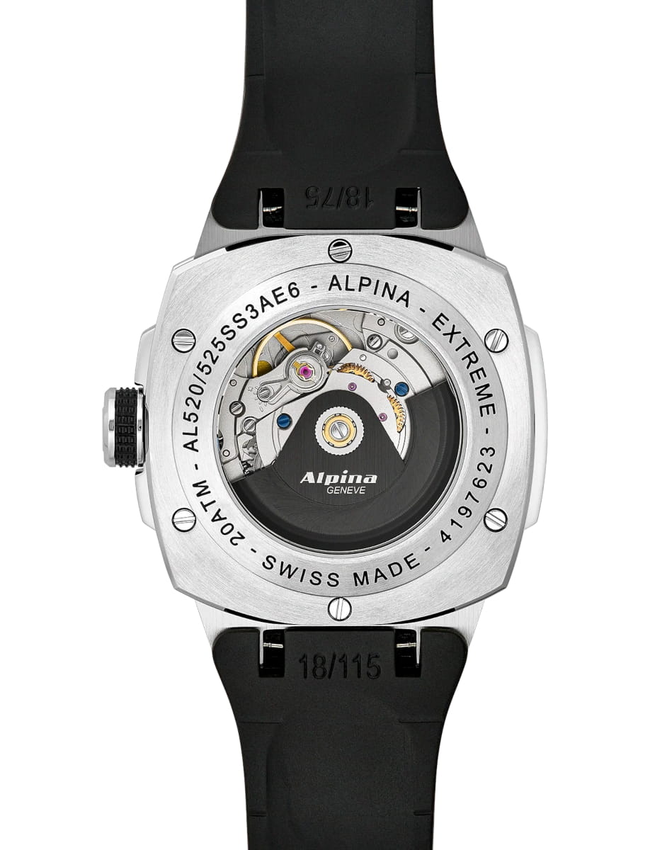 Back view of Alpina wristwatch with stainless steel case, brown dial and black rubber strap