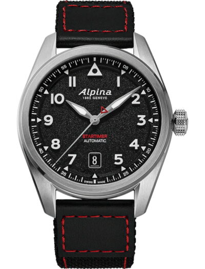 Alpina wristwatch with stainless steel case, black dial and black textile strap