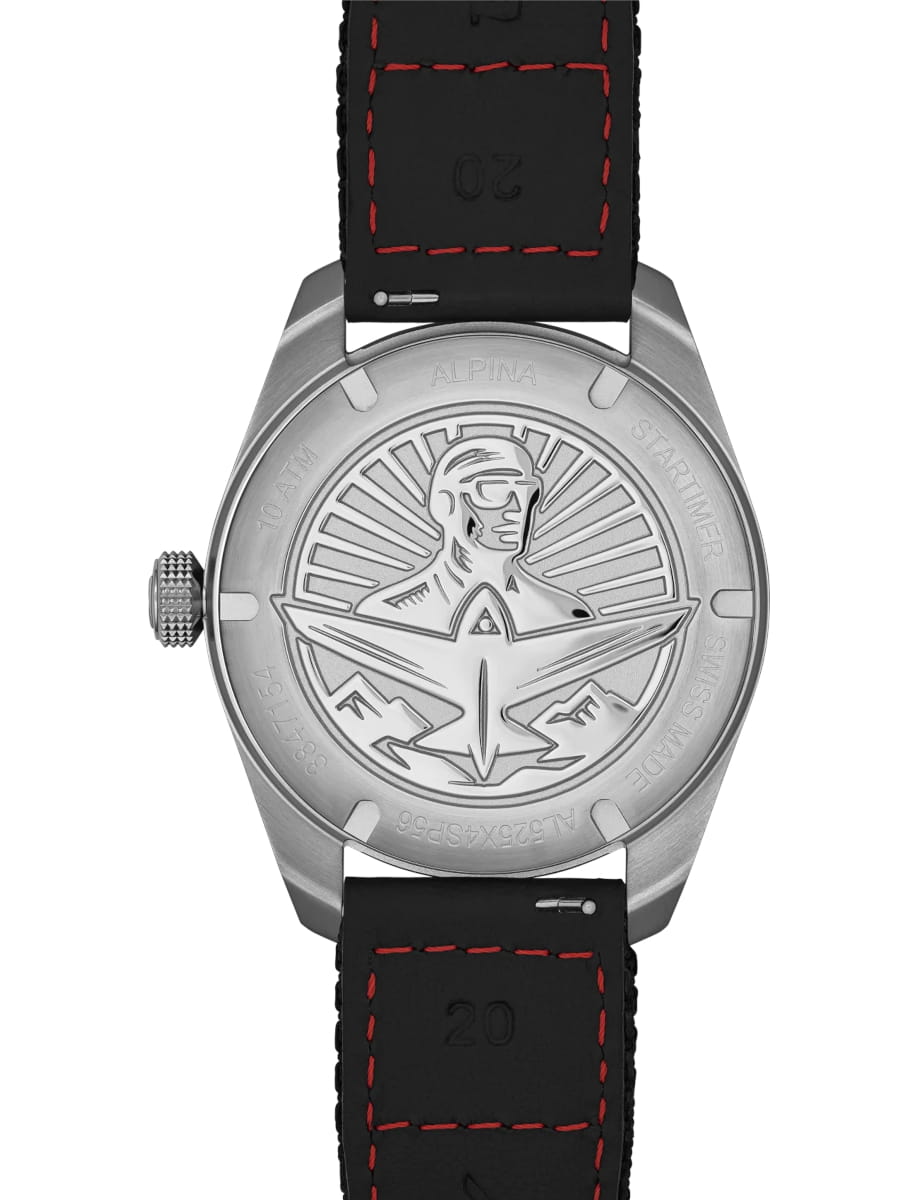 Back view of Alpina wristwatch with stainless steel case, black dial and black textile strap