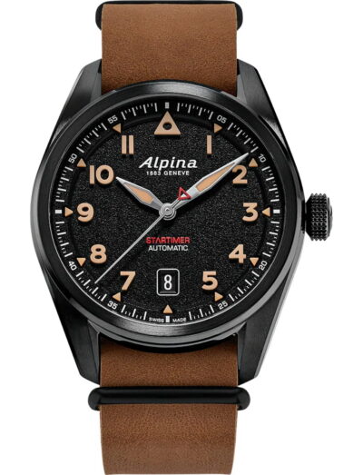Alpina wristwatch with black pvd stainless steel case, black dial and leather nato strap