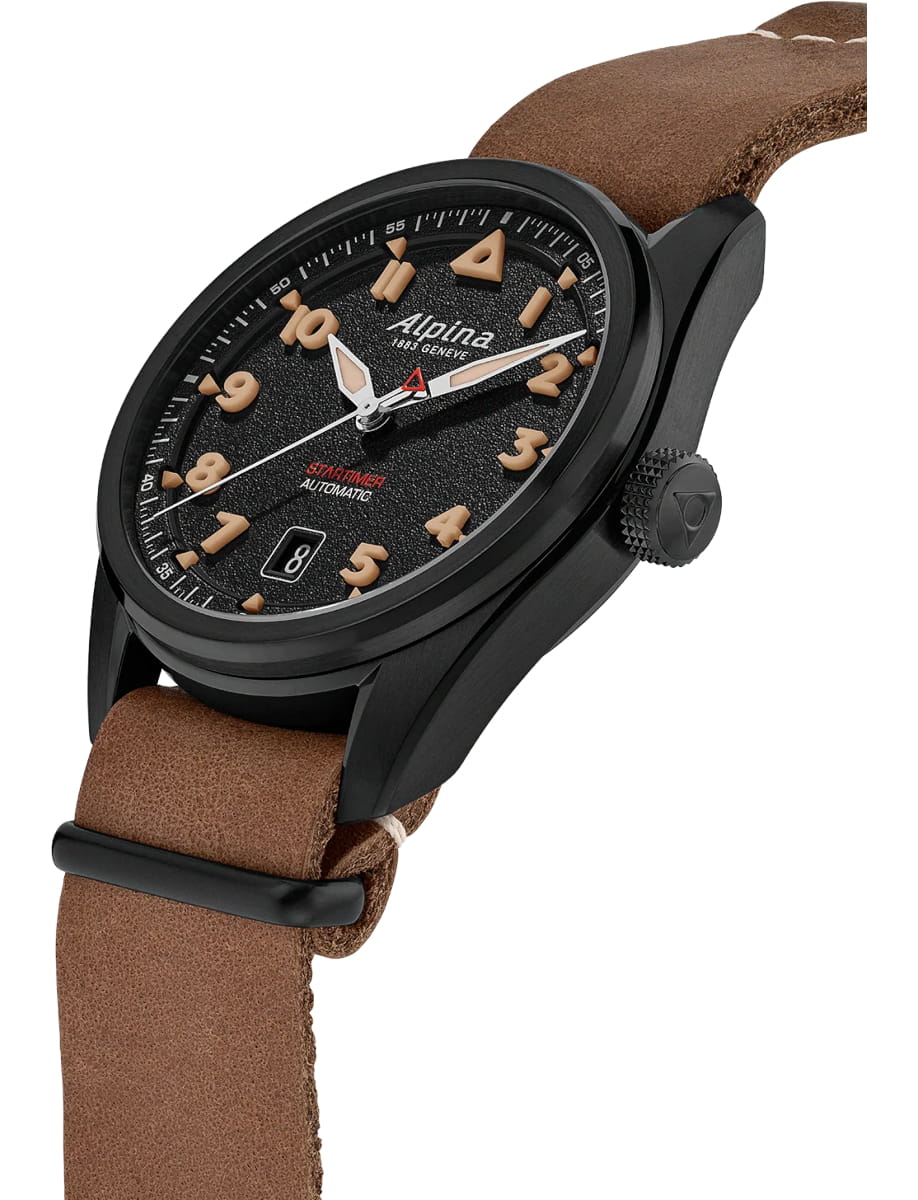 Side view of Alpina wristwatch with black pvd stainless steel case, black dial and leather nato strap