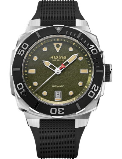 Alpina wristwatch with stainless steel case, green dial and black rubber strap