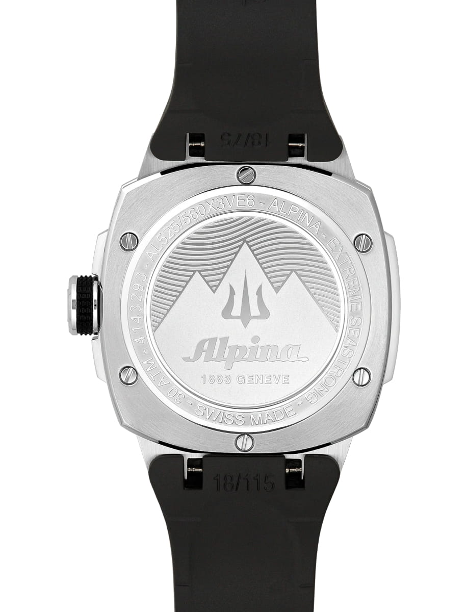 Back view of Alpina wristwatch with stainless steel case, green dial and black rubber strap