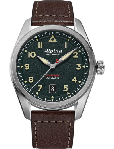 Alpina wristwatch with stainless steel case, green dial and leather strap