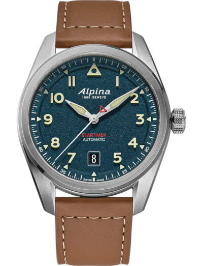 Alpina wristwatch with stainless steel case, blue dial and leather strap