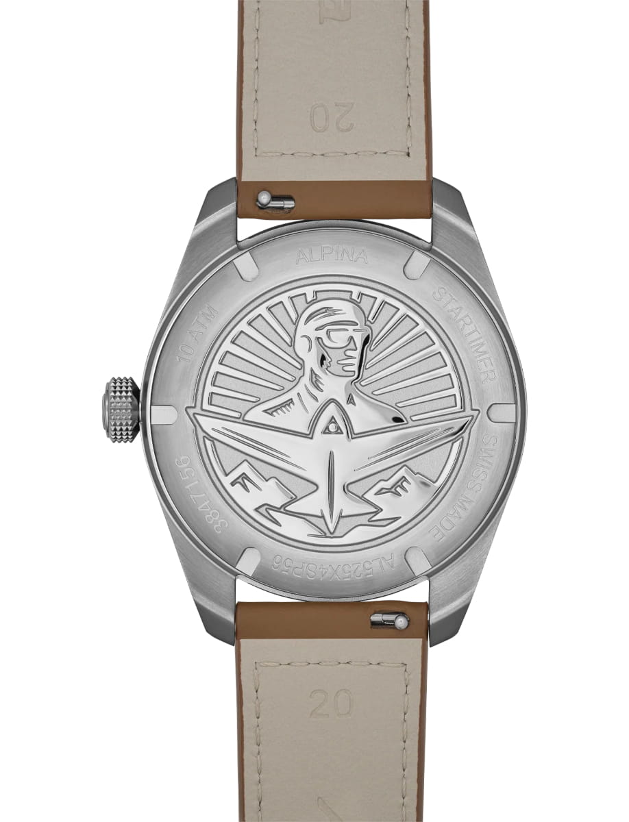 Back view of Alpina wristwatch with stainless steel case, blue dial and leather strap