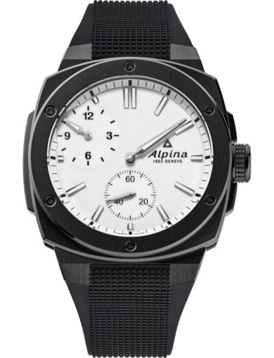 Alpina wristwatch with stainless steel case, white dial and black rubber strap