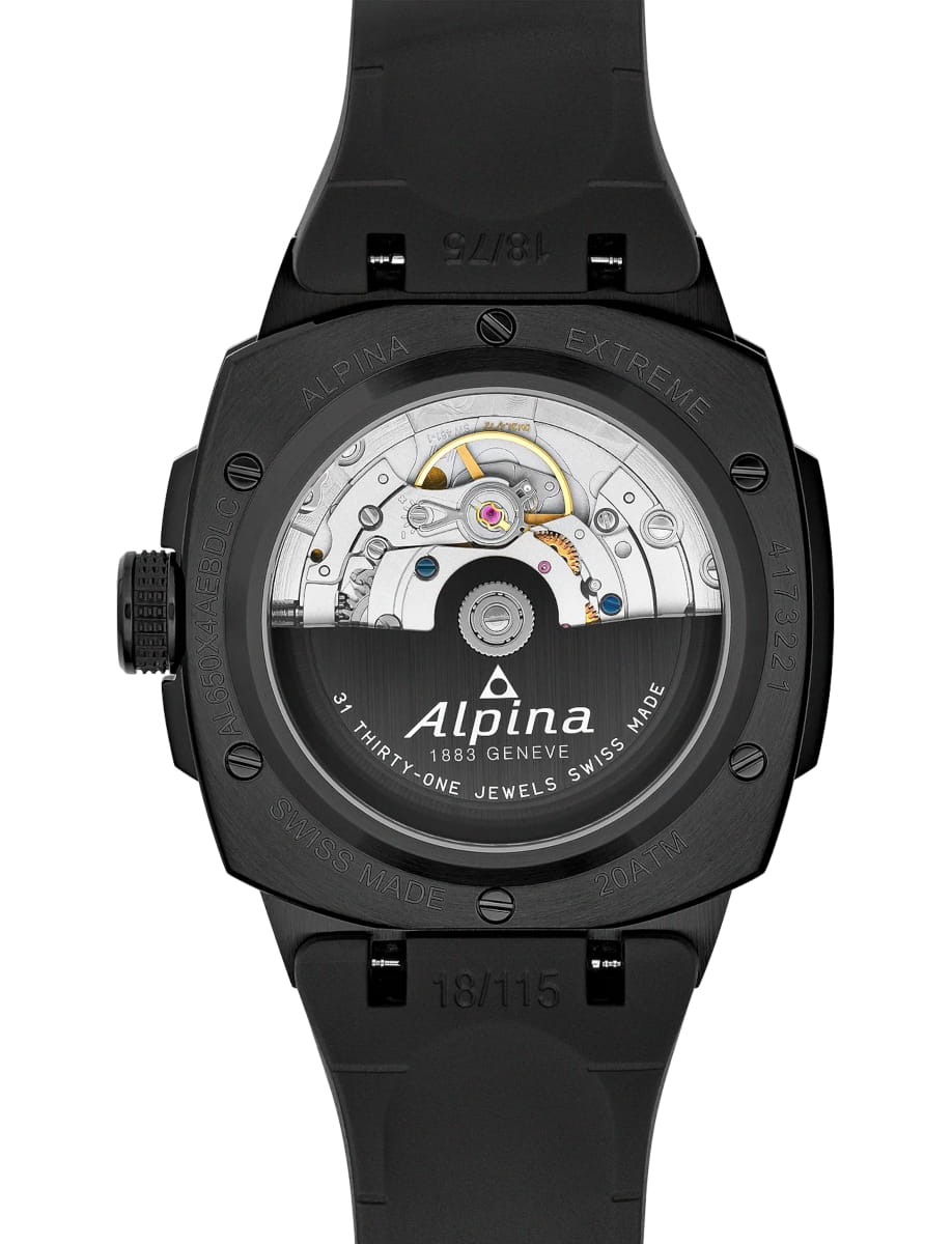 Back view of Alpina wristwatch with stainless steel case, white dial and black rubber strap