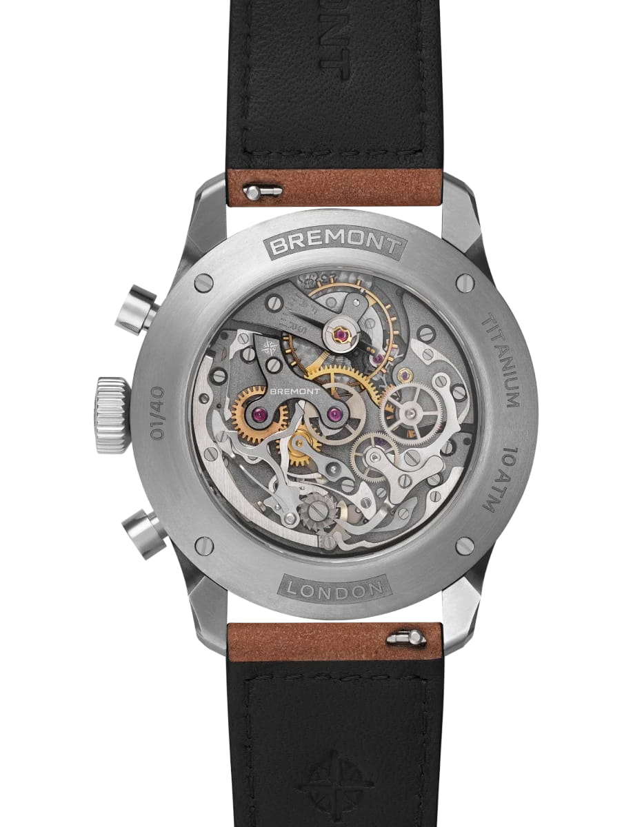 Back view of Bremont wristwatch with titanium case, salmon galvanic dial and brown nubuck leather strap