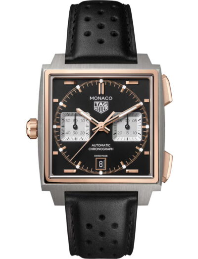Tag Heuer Monaco Chronograph wristwatch with 18K 5N rose gold and titanium case, opaline black dial, and black leather strap.
