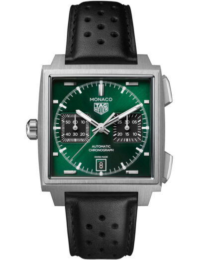Tag Heuer Monaco Chronograph wristwatch with titanium case, green dial, and black leather strap.