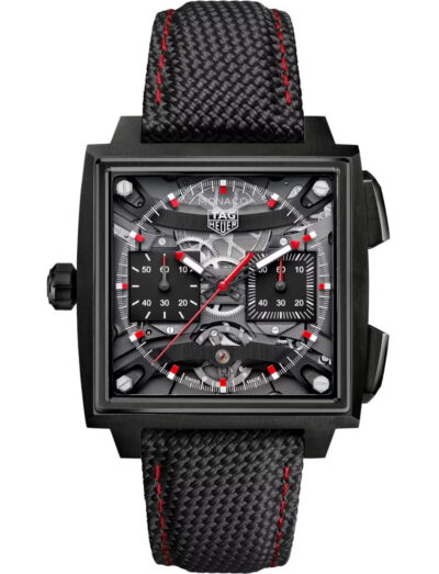 Tag Heuer Monaco Evergraph wristwatch with Titanium coated with black DLC case, black dial, and black rubber strap.