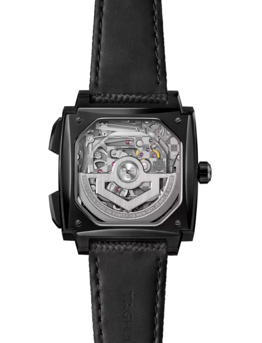 Back view of Tag Heuer Monaco Evergraph wristwatch with Titanium coated with black DLC case, Sapphire caseback, and black rubber strap.