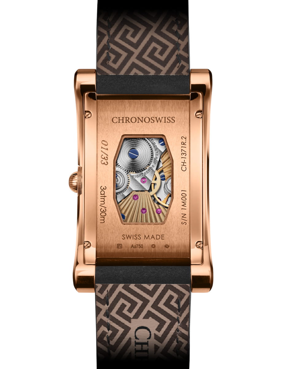 Back view of Chronoswiss Neo Digiteur Chronos wristwatch with 5n gold case and dial, and black nubuck leather.