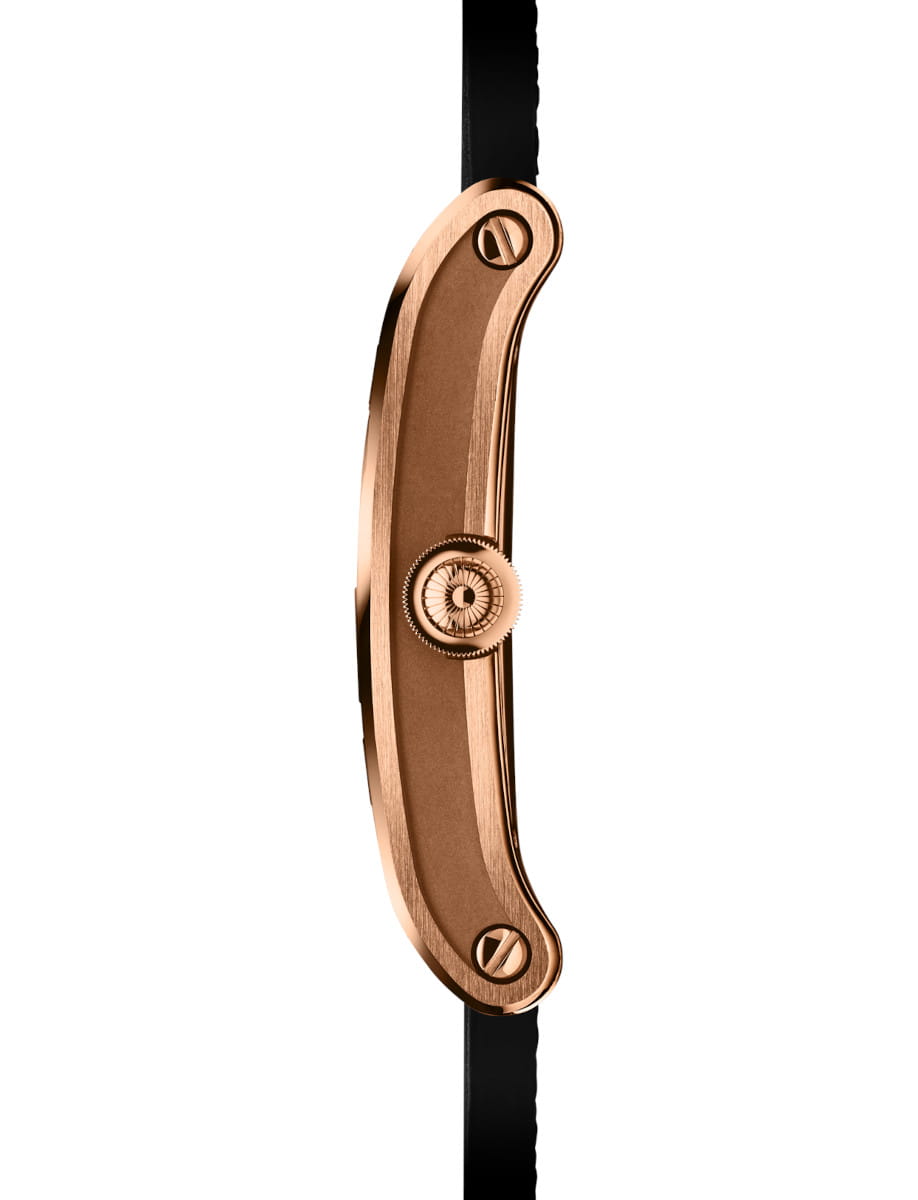 Side view of Chronoswiss Neo Digiteur Chronos wristwatch with 5n gold case and dial, and black nubuck leather.