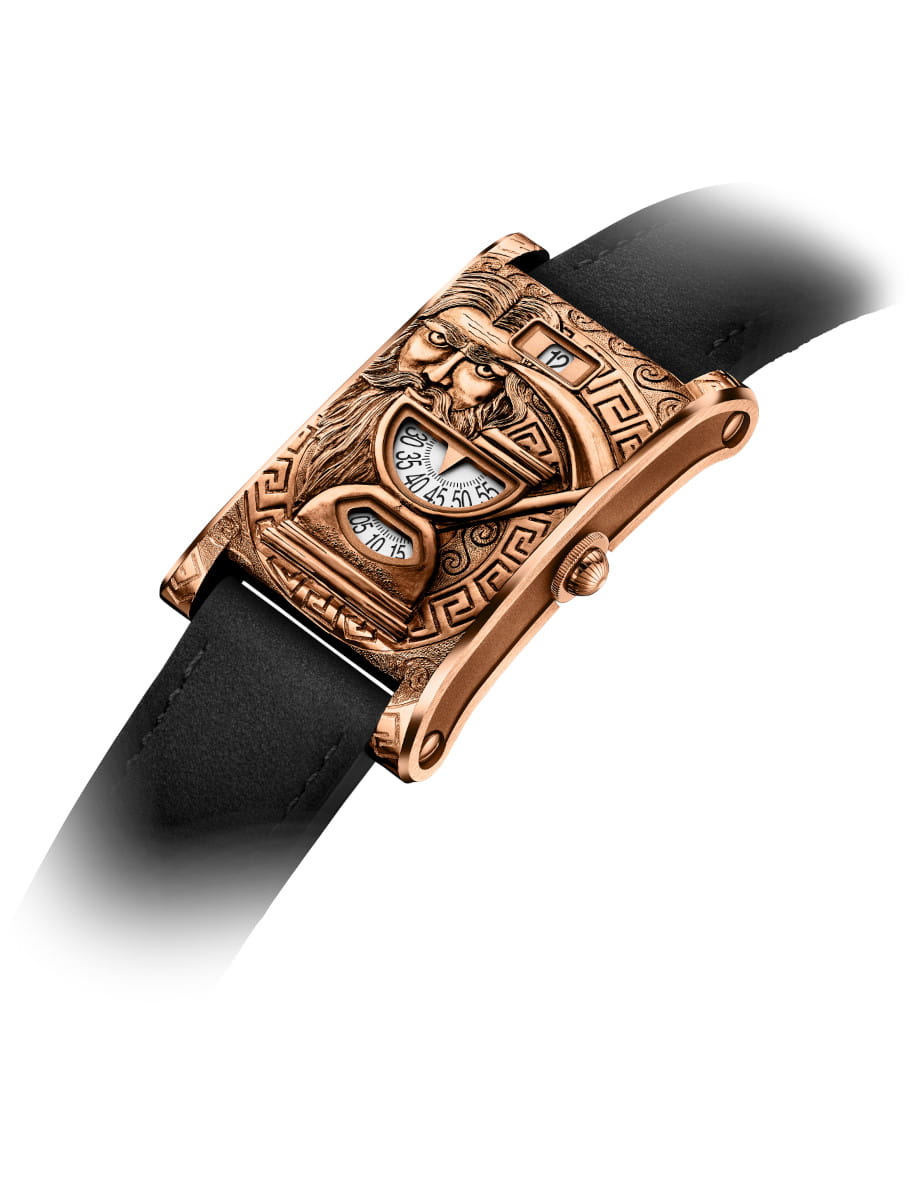 Front side view of Chronoswiss Neo Digiteur Chronos wristwatch with 5n gold case and dial, and black nubuck leather.