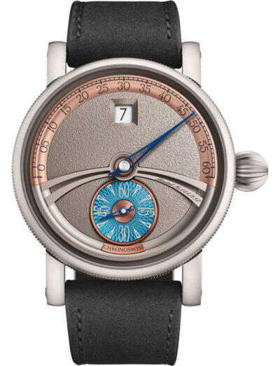 Chronoswiss Delphis Art Deco wristwatch with grade 5 titanium case, gold and blue dial, and black nubuck leather.