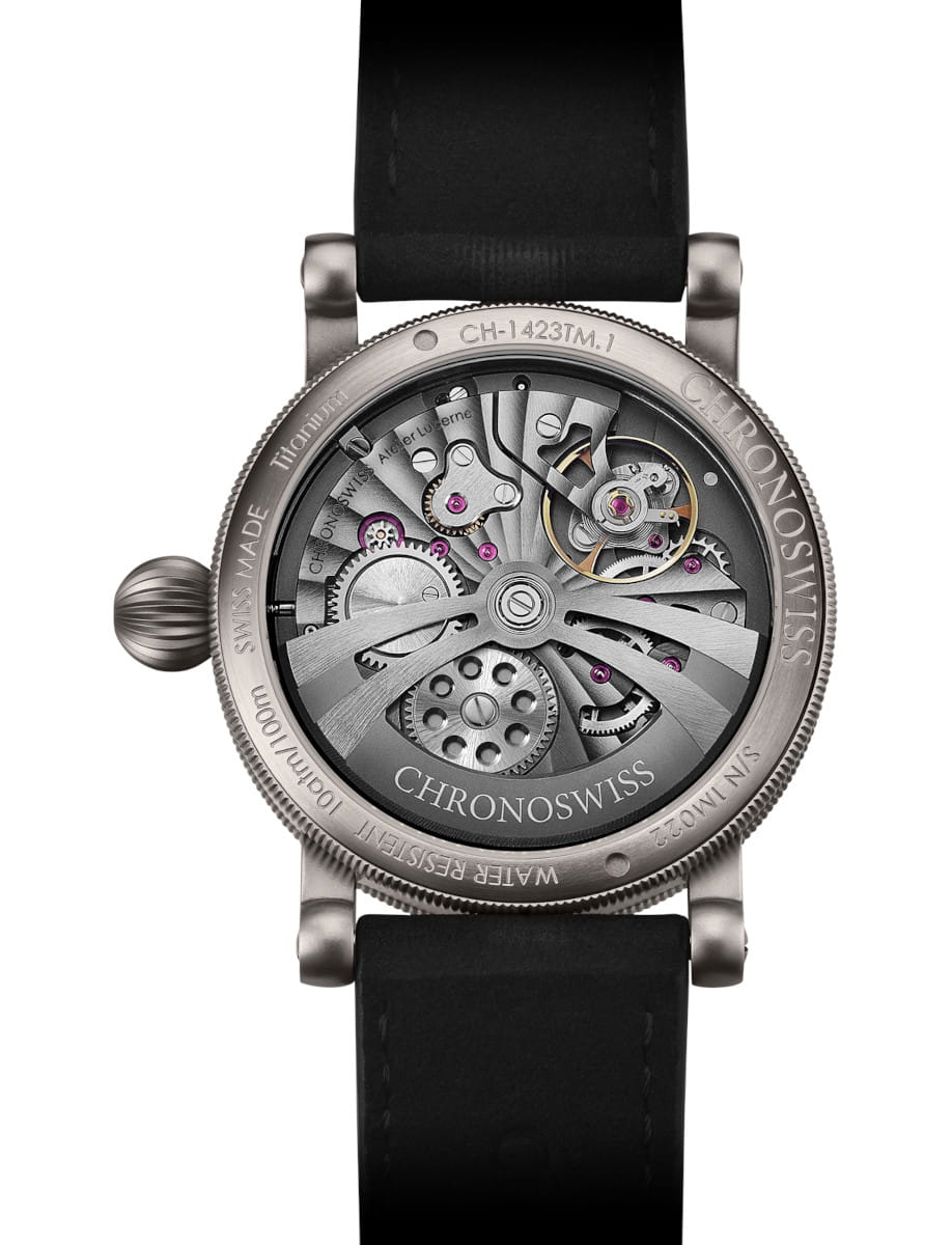 Back view of Chronoswiss Delphis Art Deco wristwatch with grade 5 titanium case, gold and blue dial, and black nubuck leather.