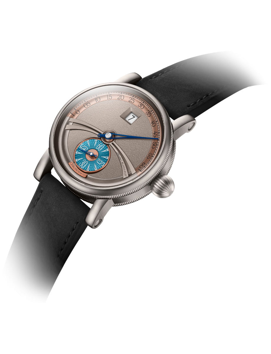 Front side view of Chronoswiss Delphis Art Deco wristwatch with grade 5 titanium case, gold and blue dial, and black nubuck leather.