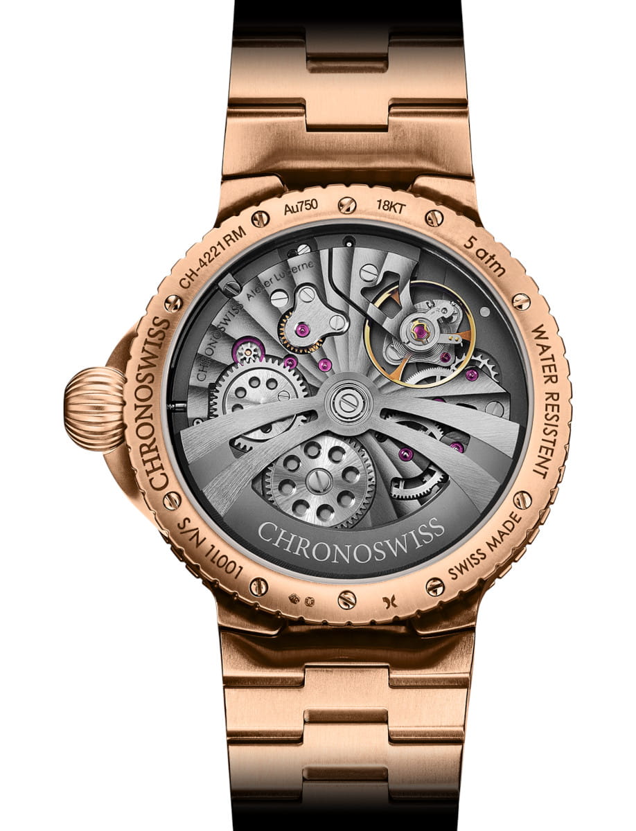 Back view of Chronoswiss Pulse GMT Enamel Sky Gold wristwatch with 5N gold case and bracelet, and blue dial.