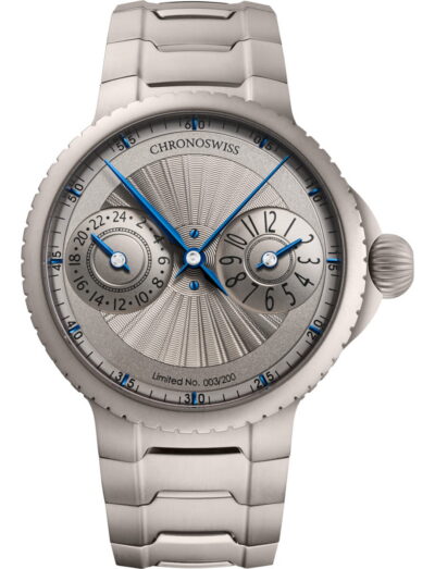 Chronoswiss Lunar Chronograph wristwatch with titanium case and bracelet,silver-colored dial.